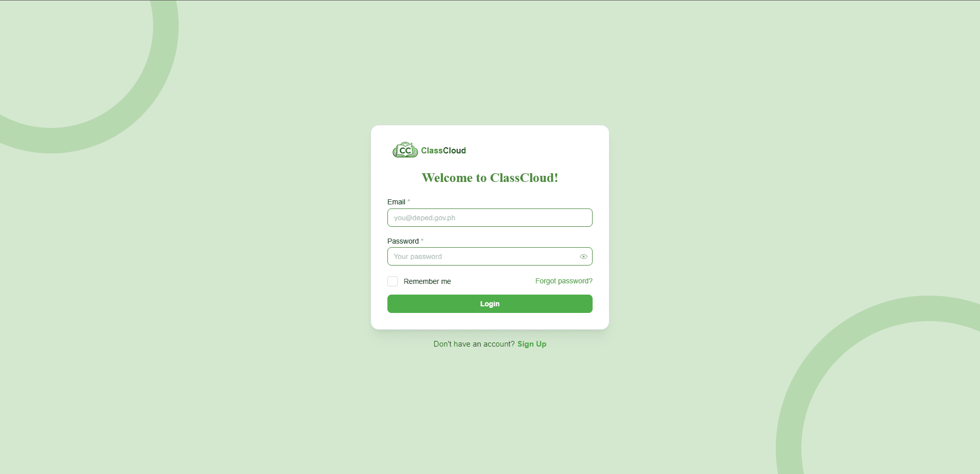 ClassCloud login screen with DepEd email sign-in